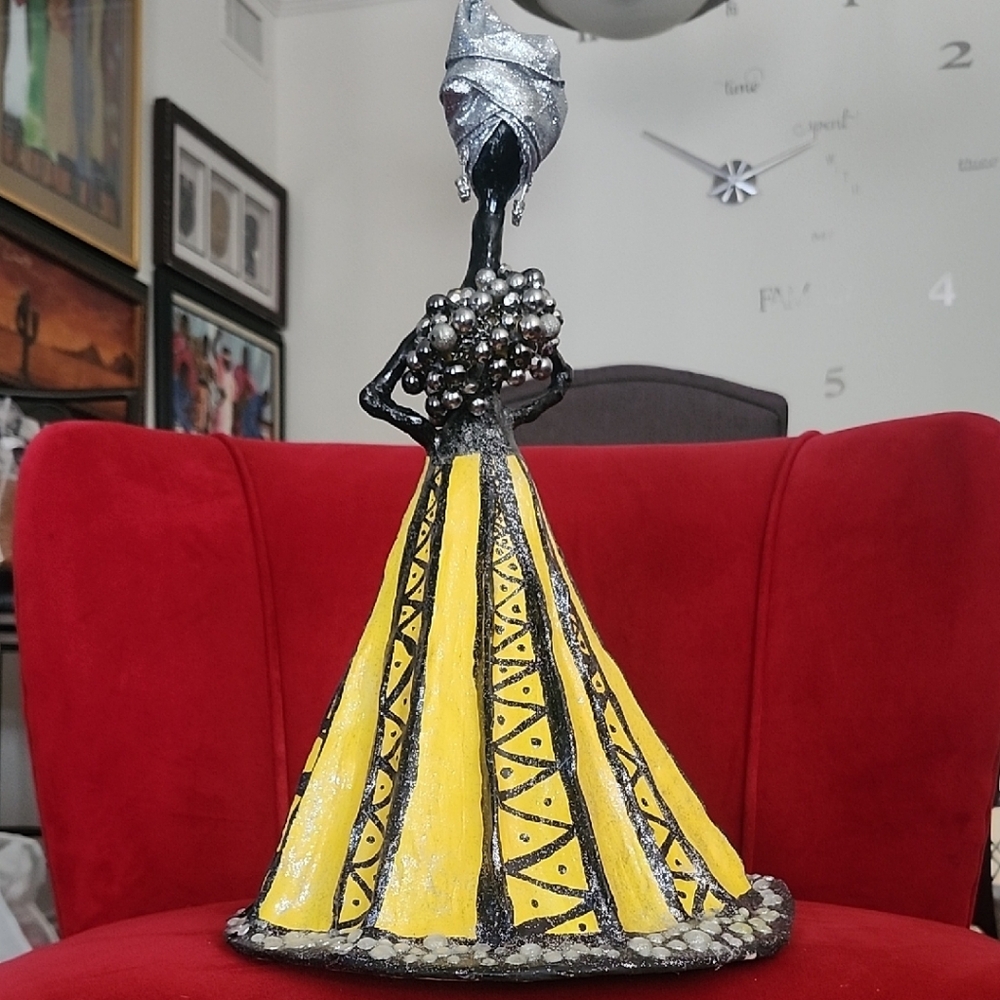 Hand Crafted African Paper Doll 18' Tall Yellow and Black Decorative Figurine